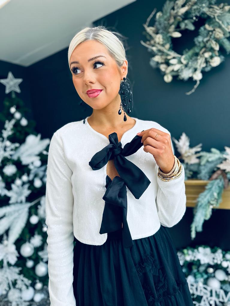Fiah Bow Detail Sequin Top White