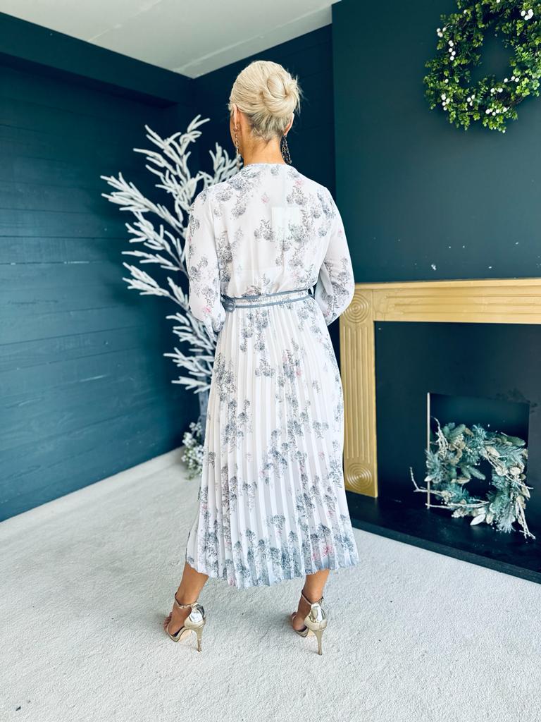 Aideen Floral Pleated Midi Dress Grey