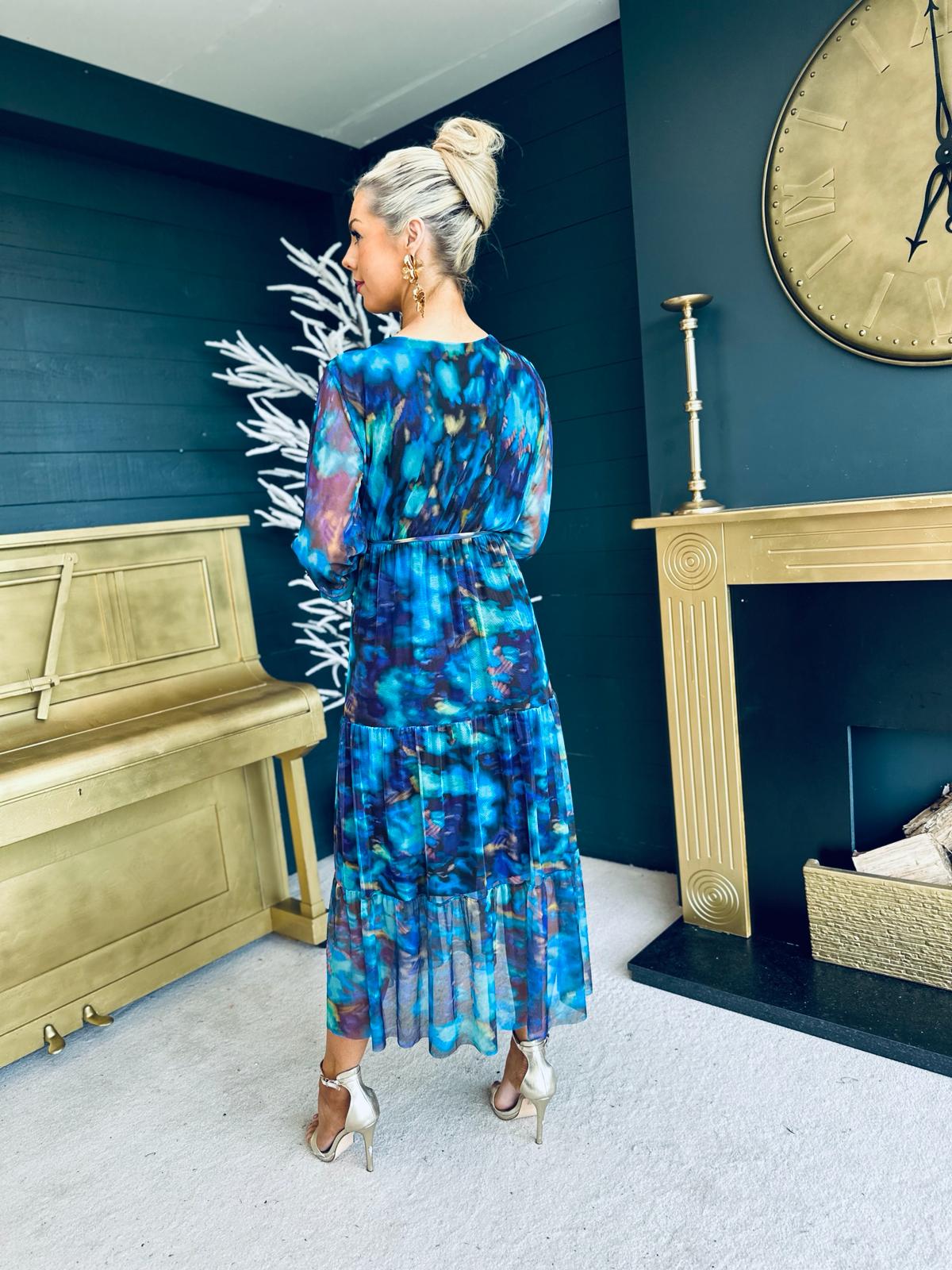 Ciara Layered Print Midi Dress Blue