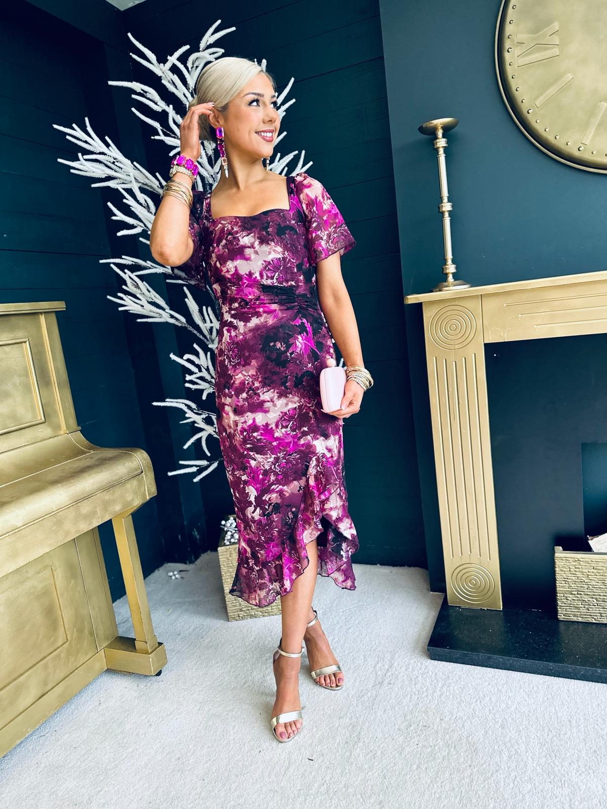 Heidi Ruched Midi Dress Floral Purple