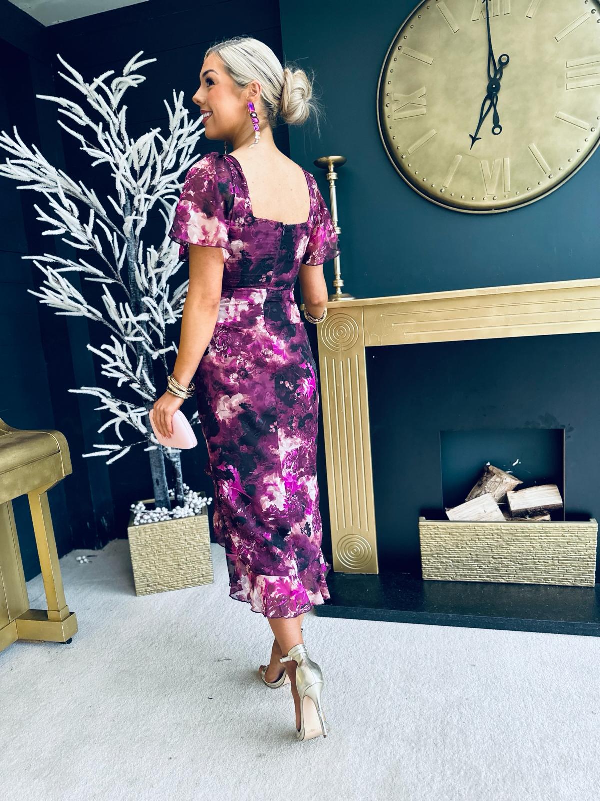 Heidi Ruched Midi Dress Floral Purple