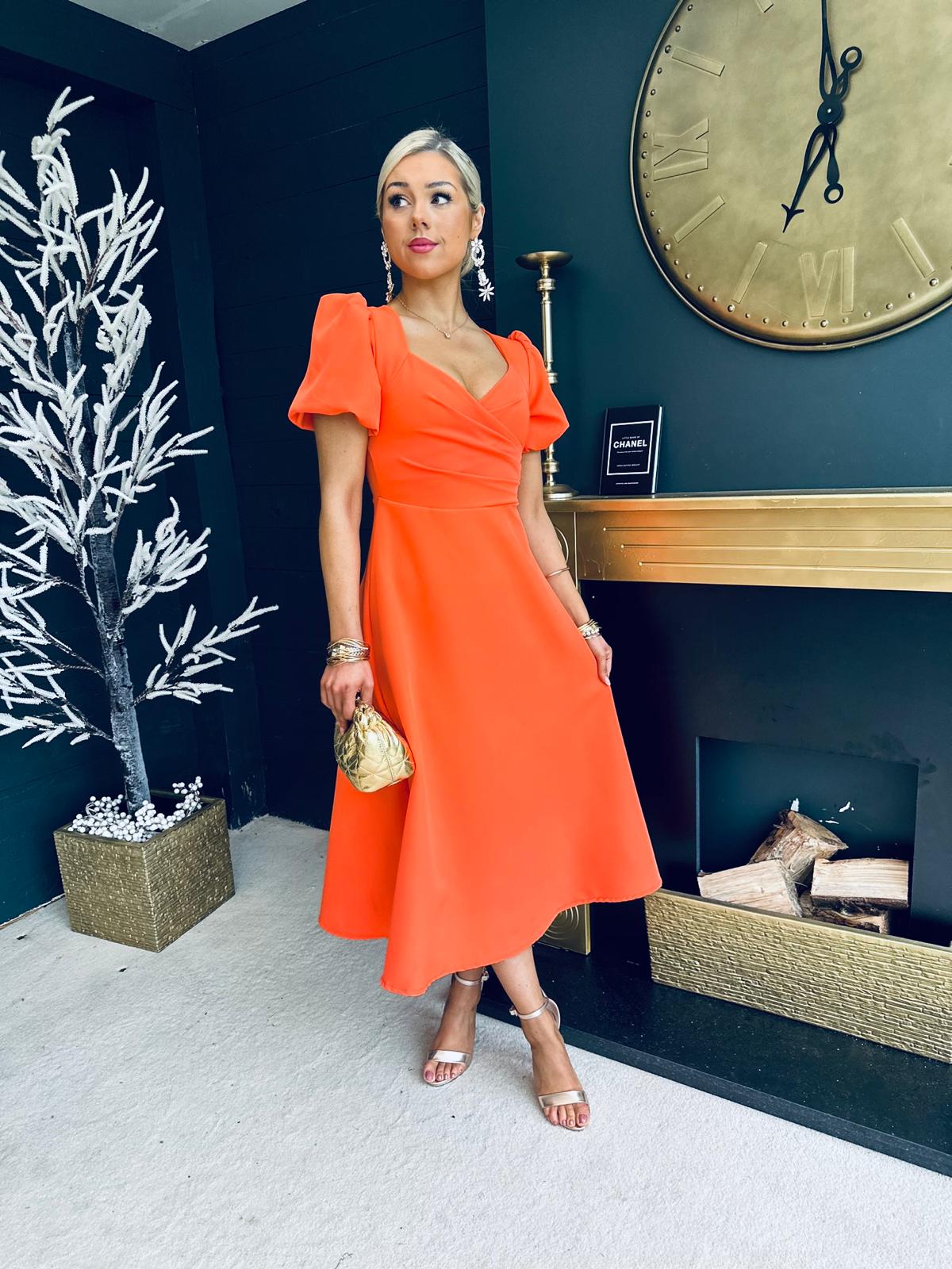 Brooke Detailed Midi Dress Electric Orange