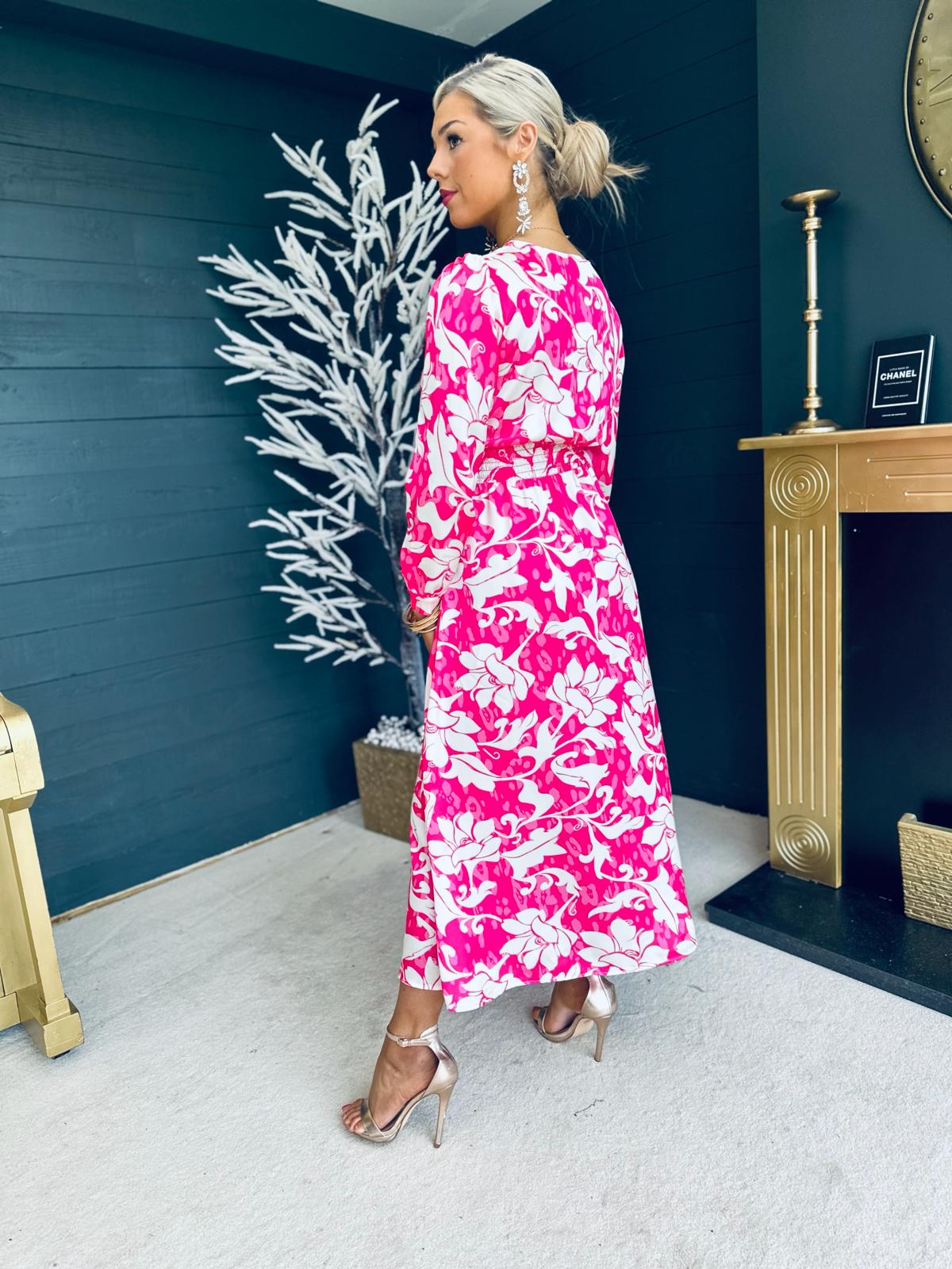 Gemma Banded Midi Dress Floral Pink
