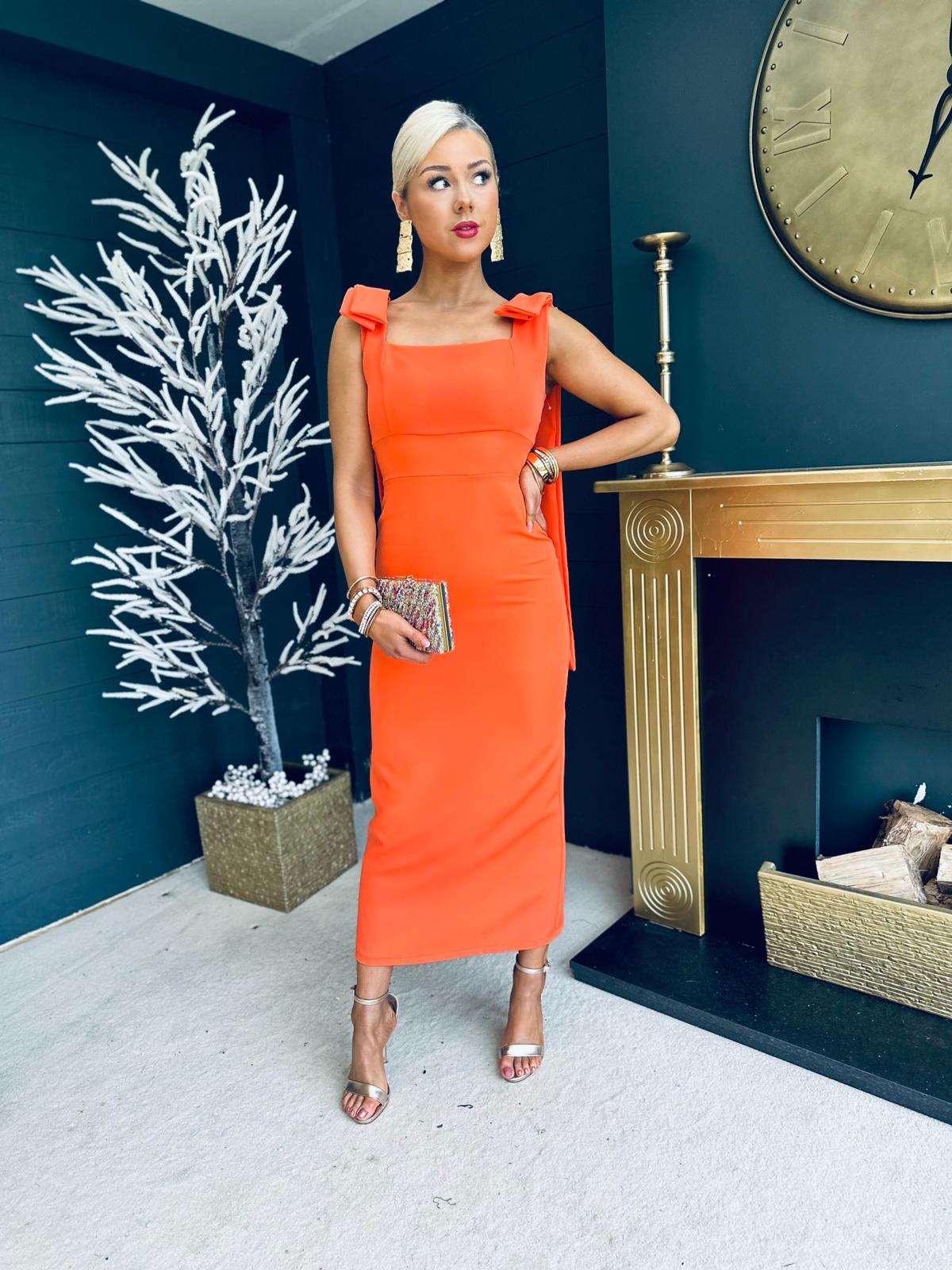 Grace Square Neck Bow Detail Midi Dress Electric Orange