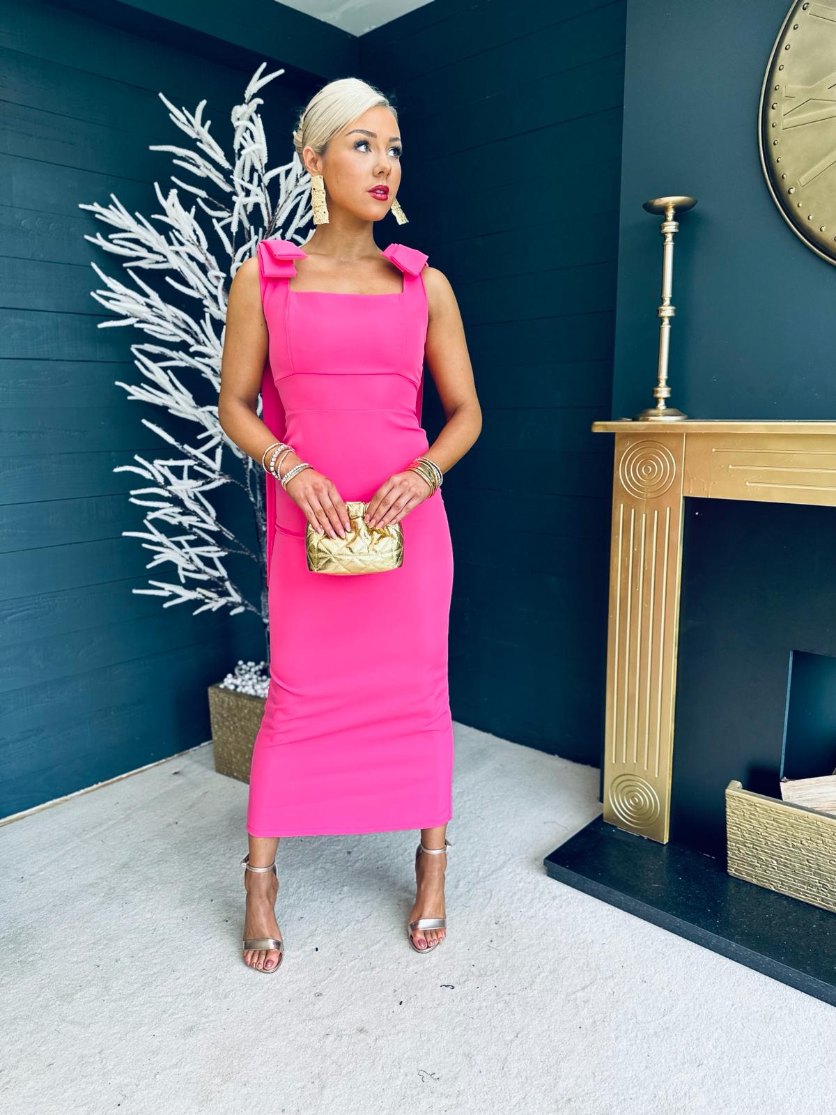 Grace Square Neck Bow Detail Midi Dress Pink