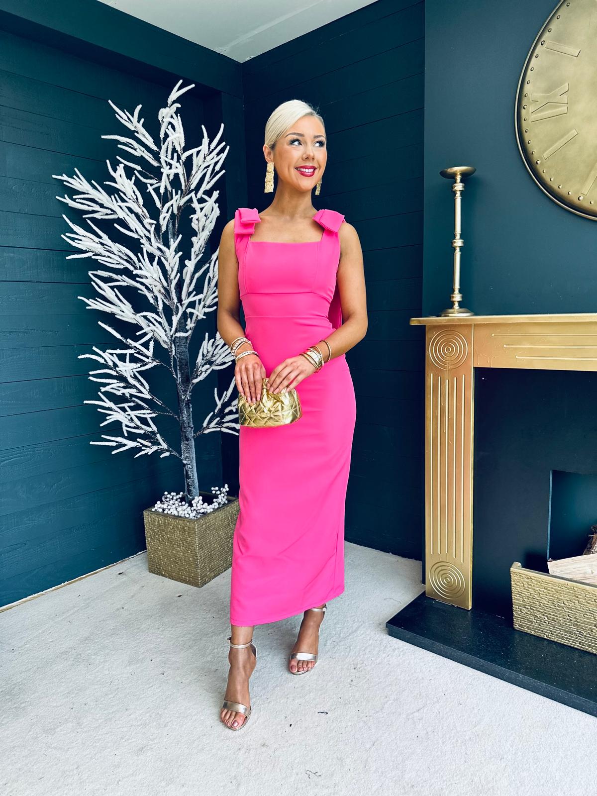 Grace Square Neck Bow Detail Midi Dress Pink