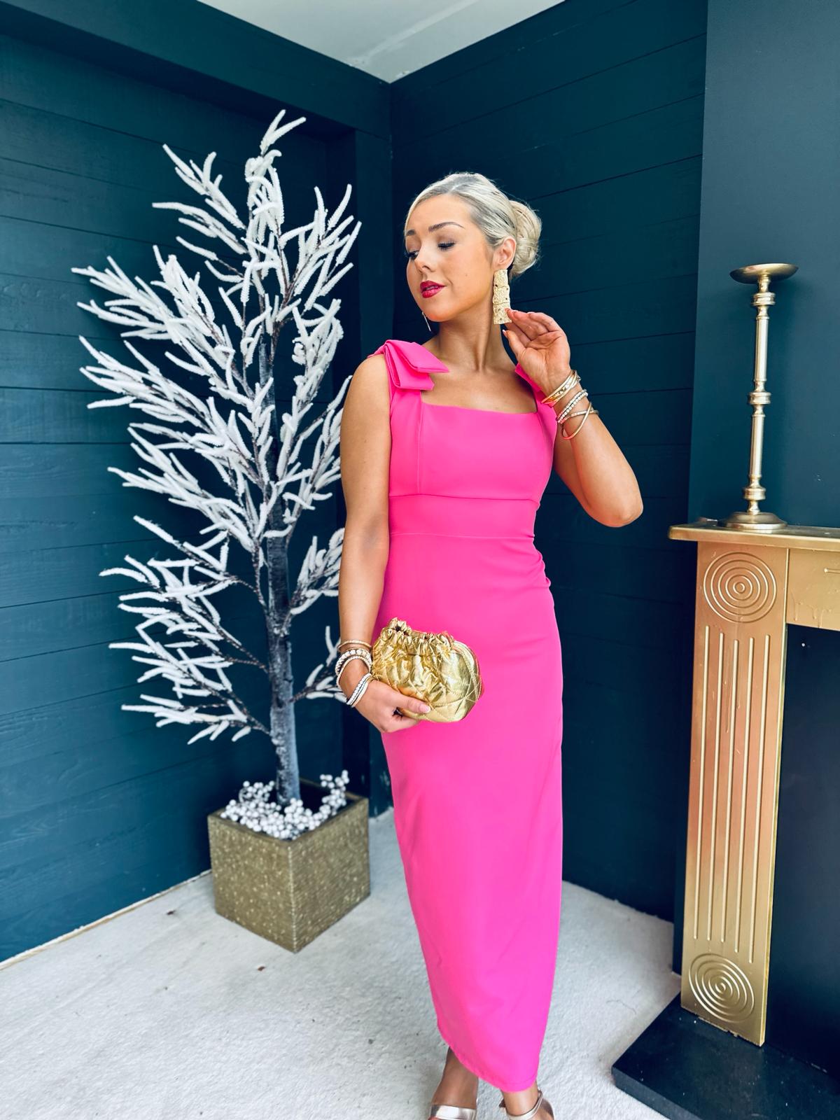 Grace Square Neck Bow Detail Midi Dress Pink