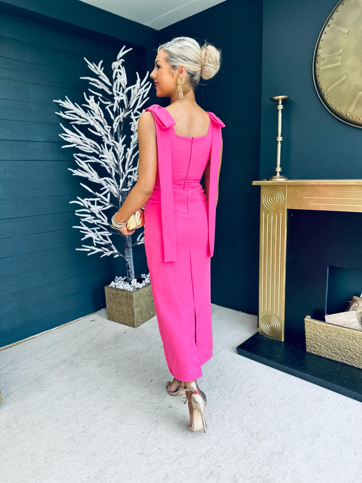 Grace Square Neck Bow Detail Midi Dress Pink