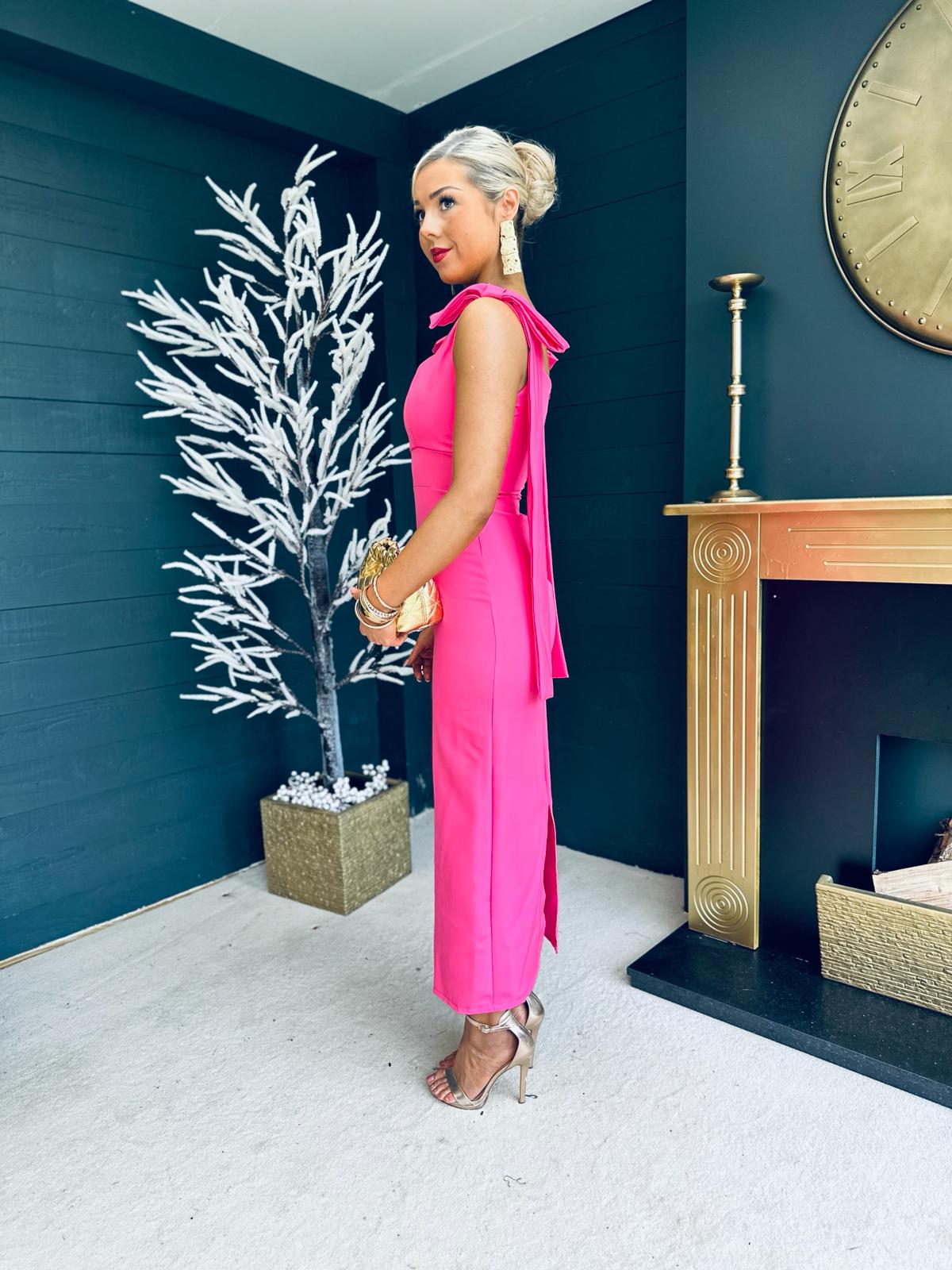 Grace Square Neck Bow Detail Midi Dress Pink