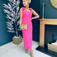 Grace Square Neck Bow Detail Midi Dress Pink