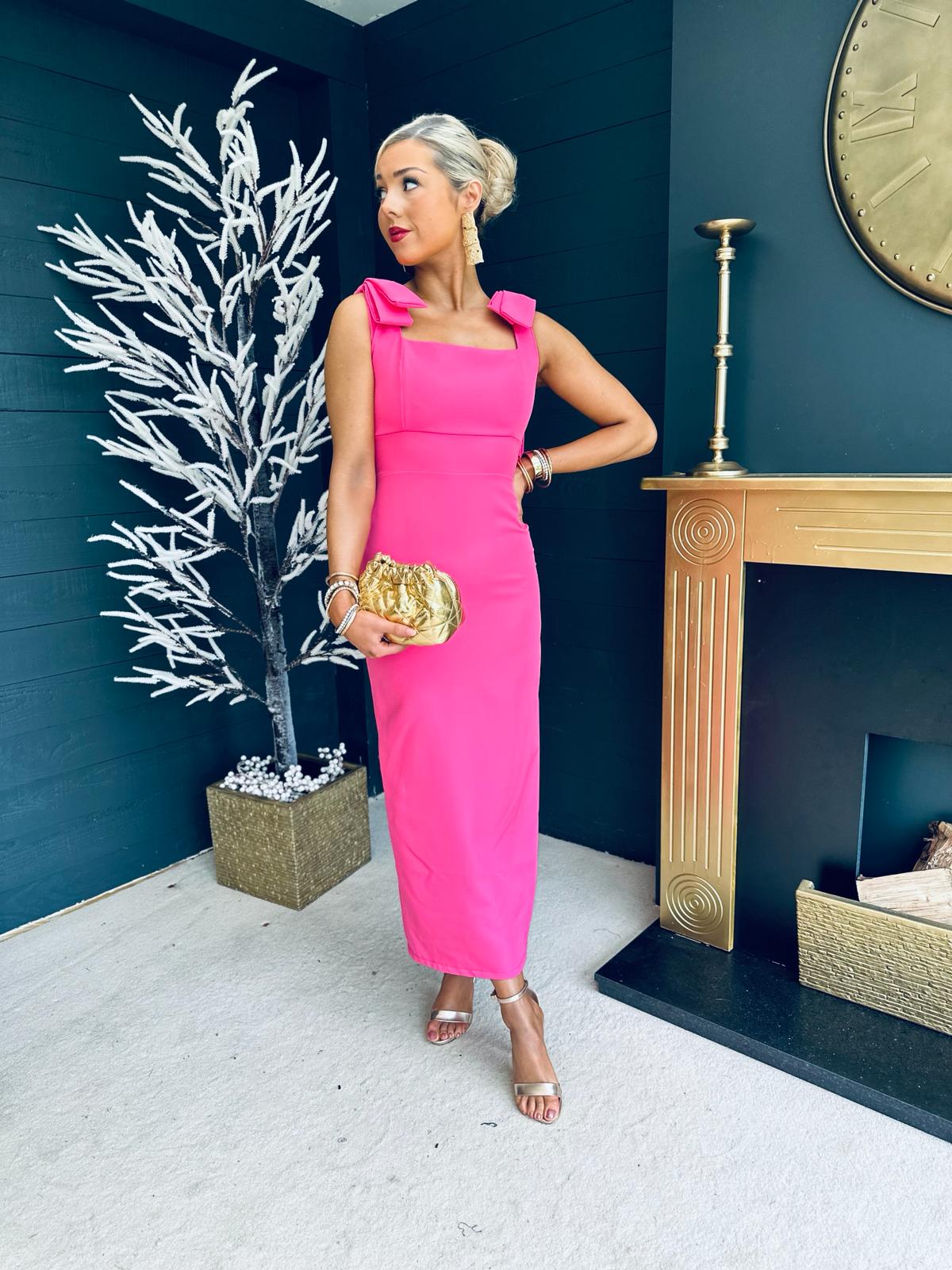 Grace Square Neck Bow Detail Midi Dress Pink
