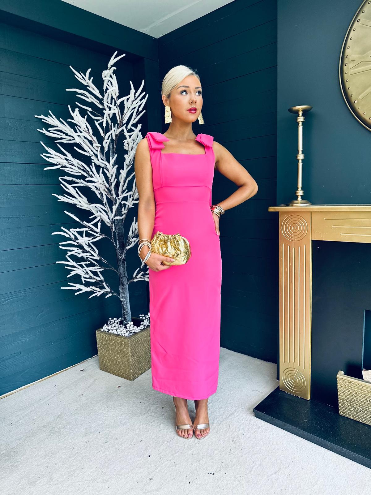 Grace Square Neck Bow Detail Midi Dress Pink