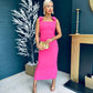 Grace Square Neck Bow Detail Midi Dress Pink