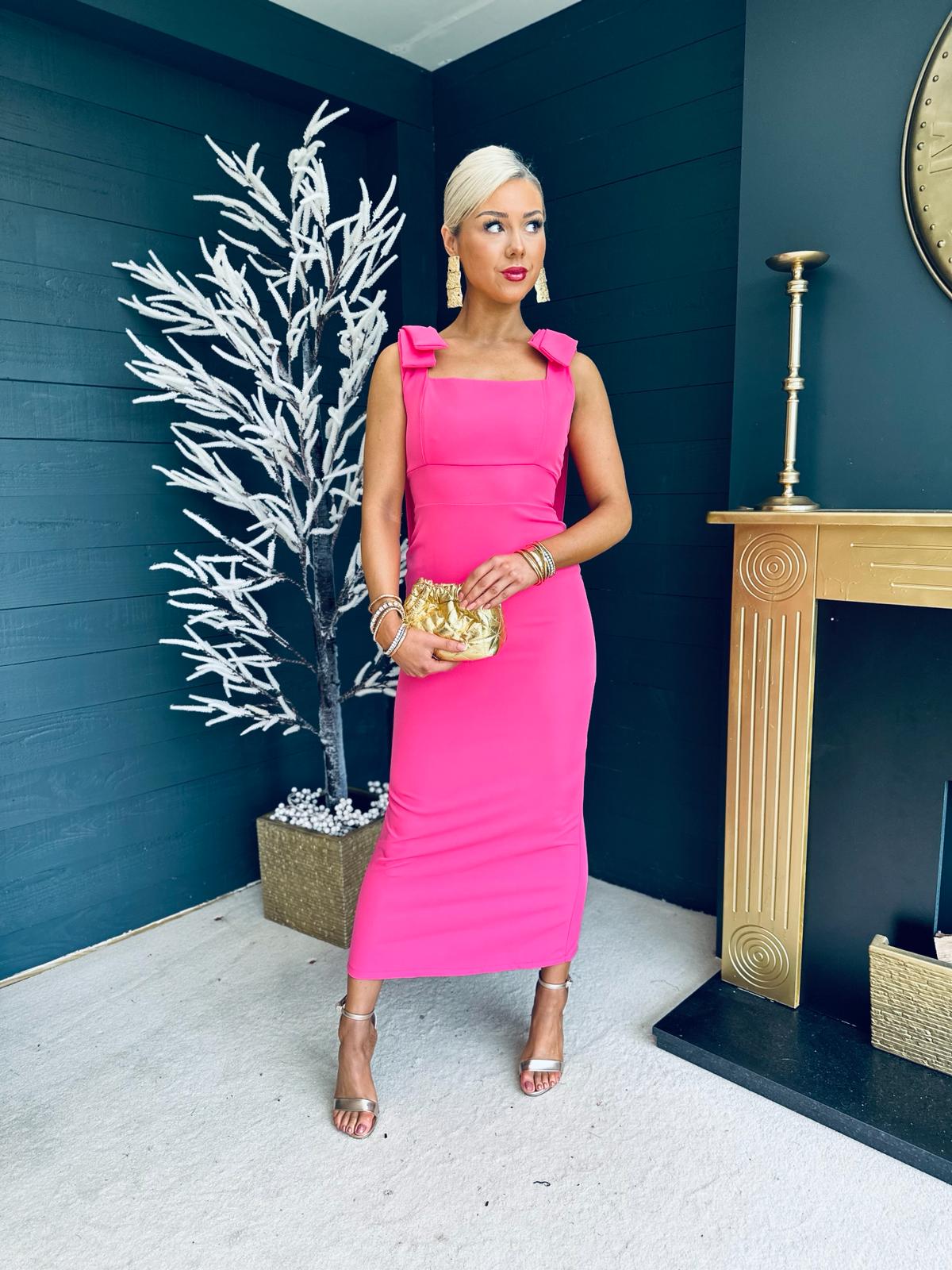 Grace Square Neck Bow Detail Midi Dress Pink