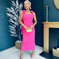 Grace Square Neck Bow Detail Midi Dress Pink