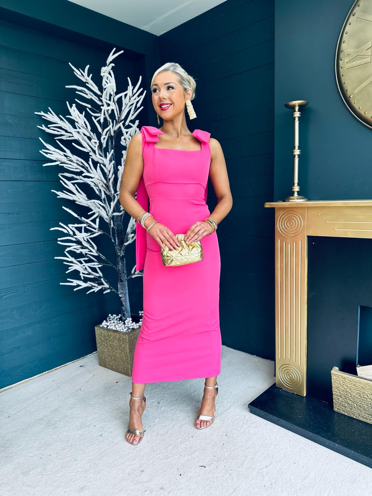 Grace Square Neck Bow Detail Midi Dress Pink