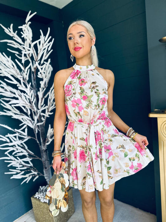 Amanda Satin Floral Print Halterneck Mini Dress