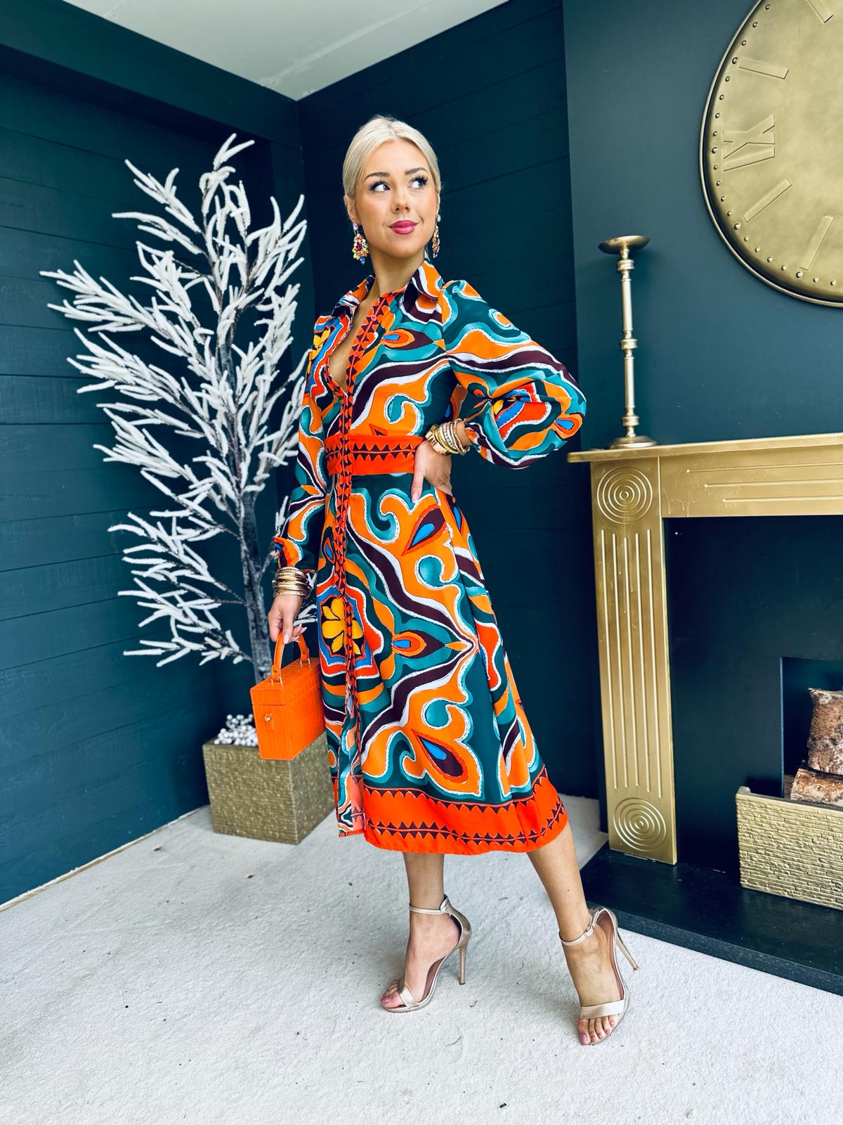 Alison Abstract Shirt Dress Orange Pre Order 24 May