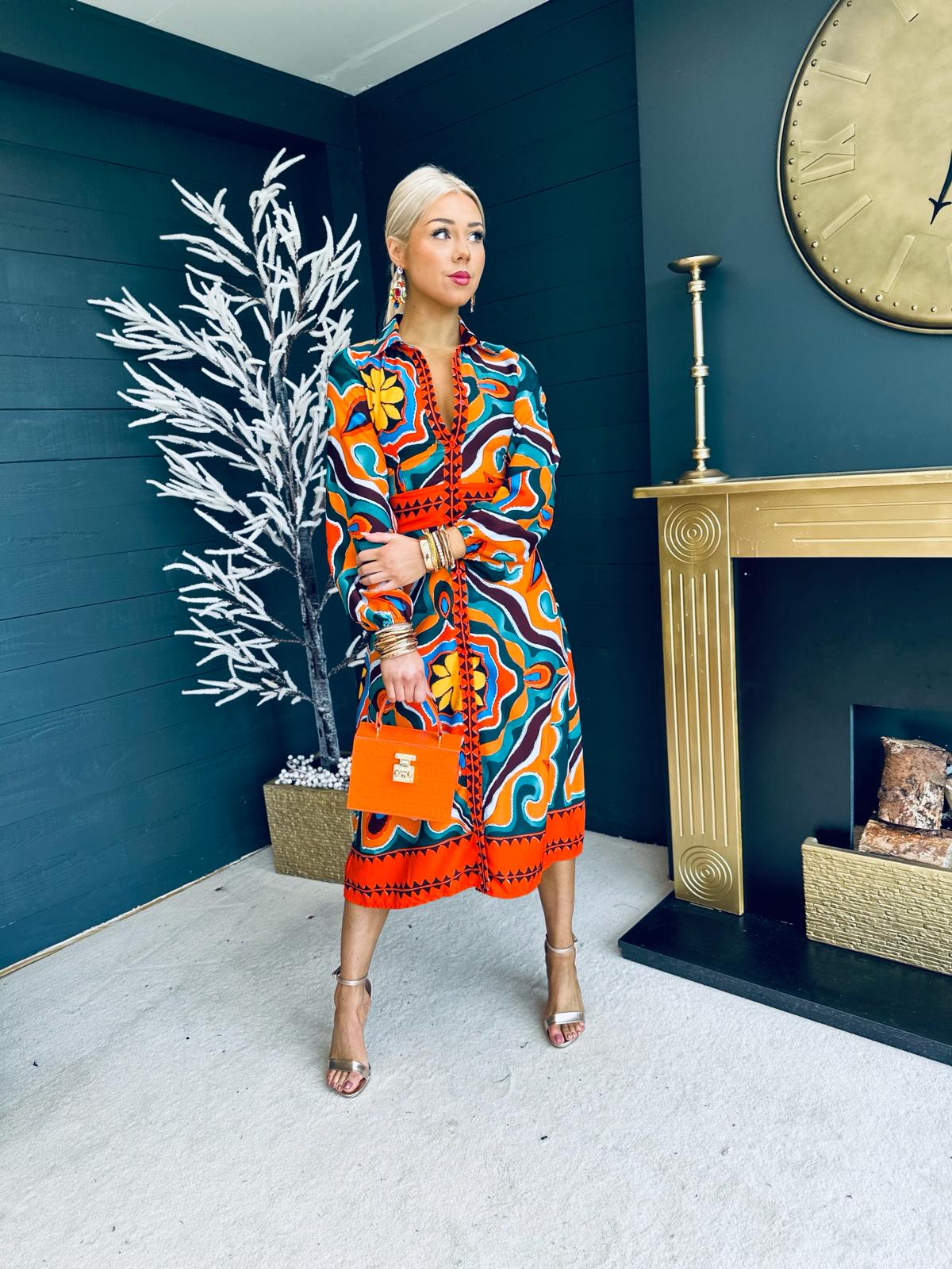 Alison Abstract Shirt Dress Orange Pre Order 24 May