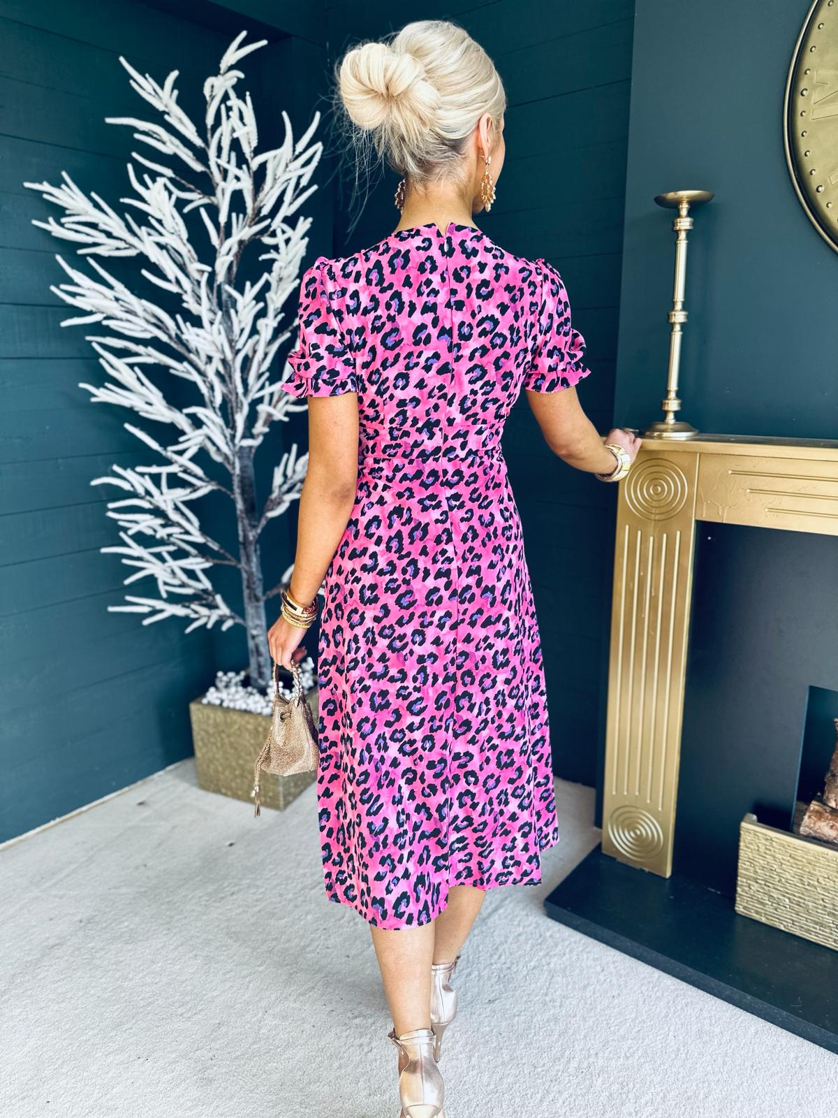 Lorna Animal Print Split Leg Midi Dress Pink