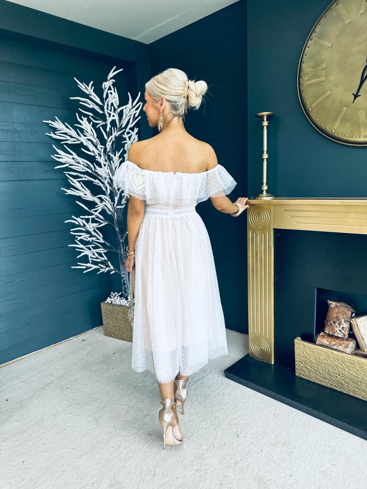 Jessie Tulle Bardot Midi Dress White