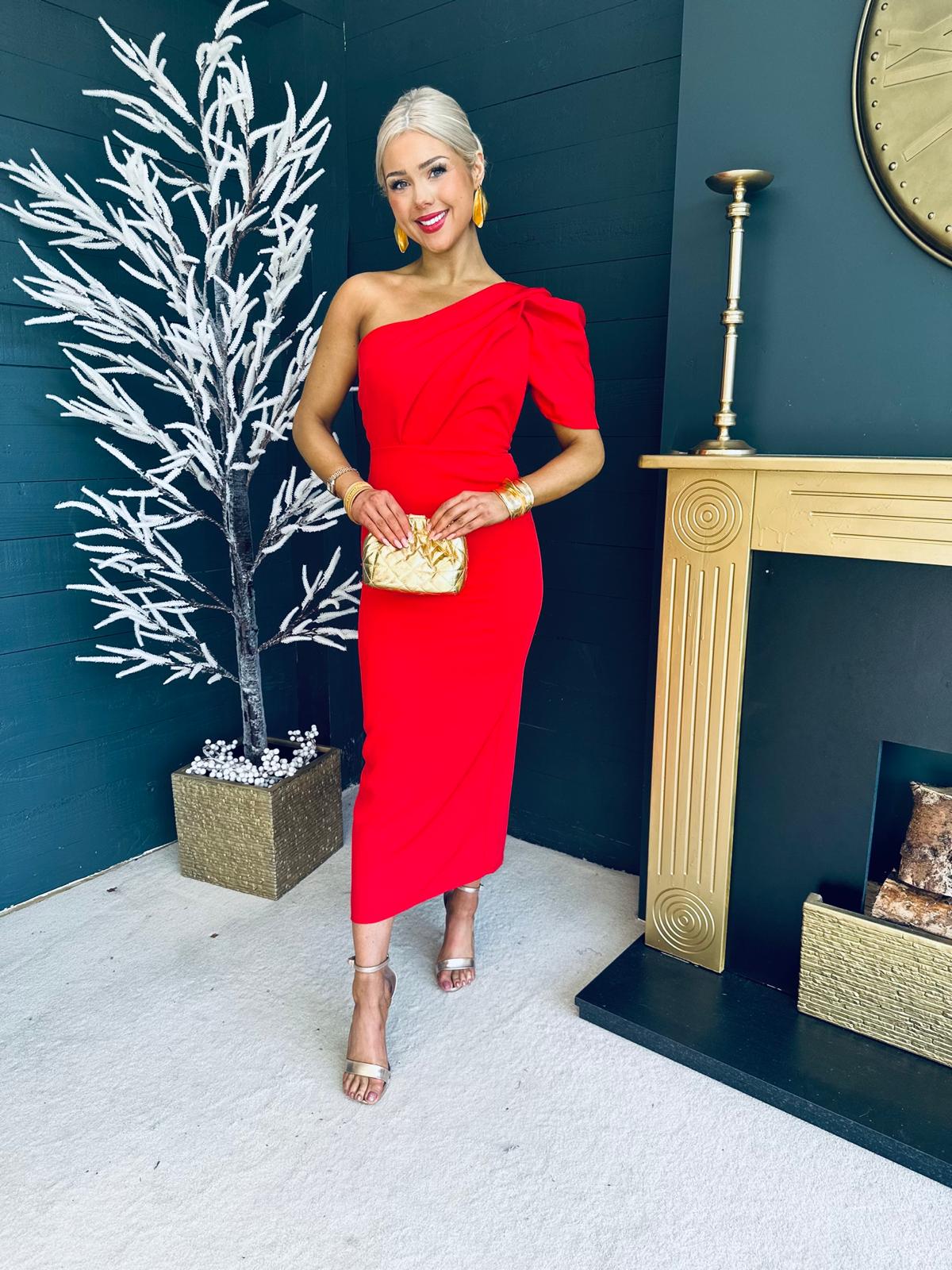Rachel One Shoulder Occasion Midi Dress Red Pre Order 4 May