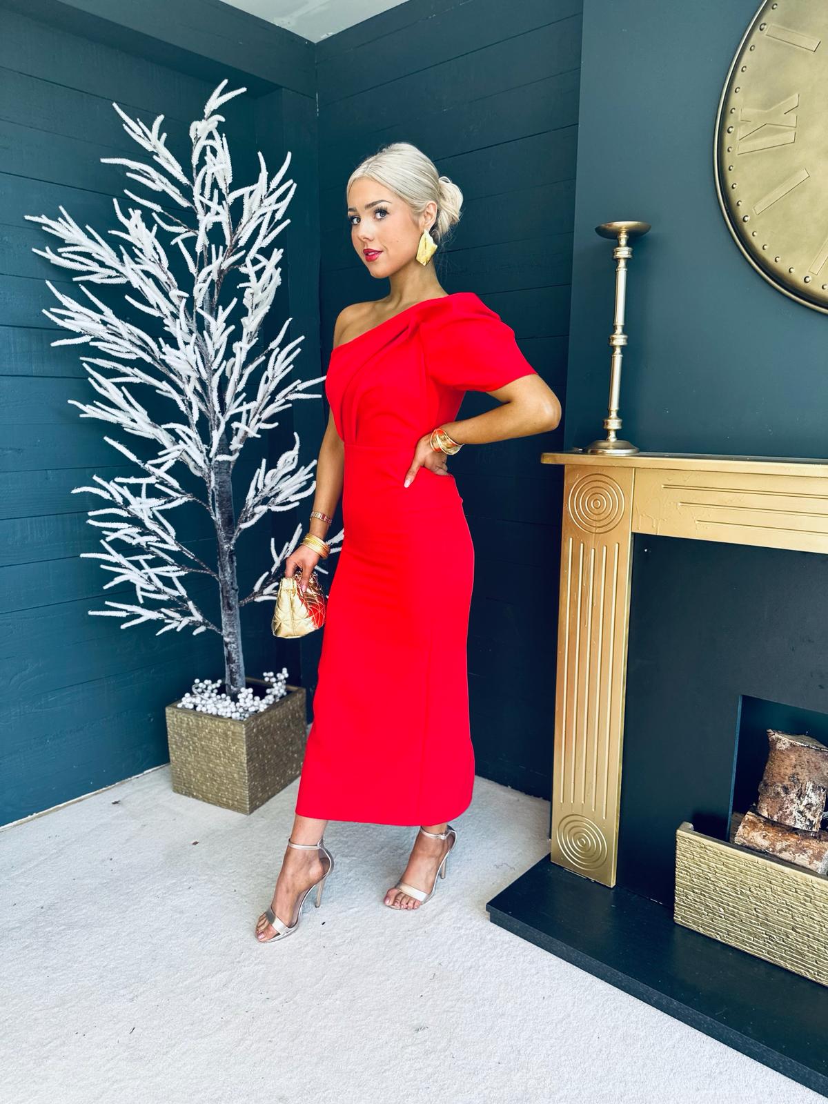 Rachel One Shoulder Occasion Midi Dress Red Pre Order 4 May