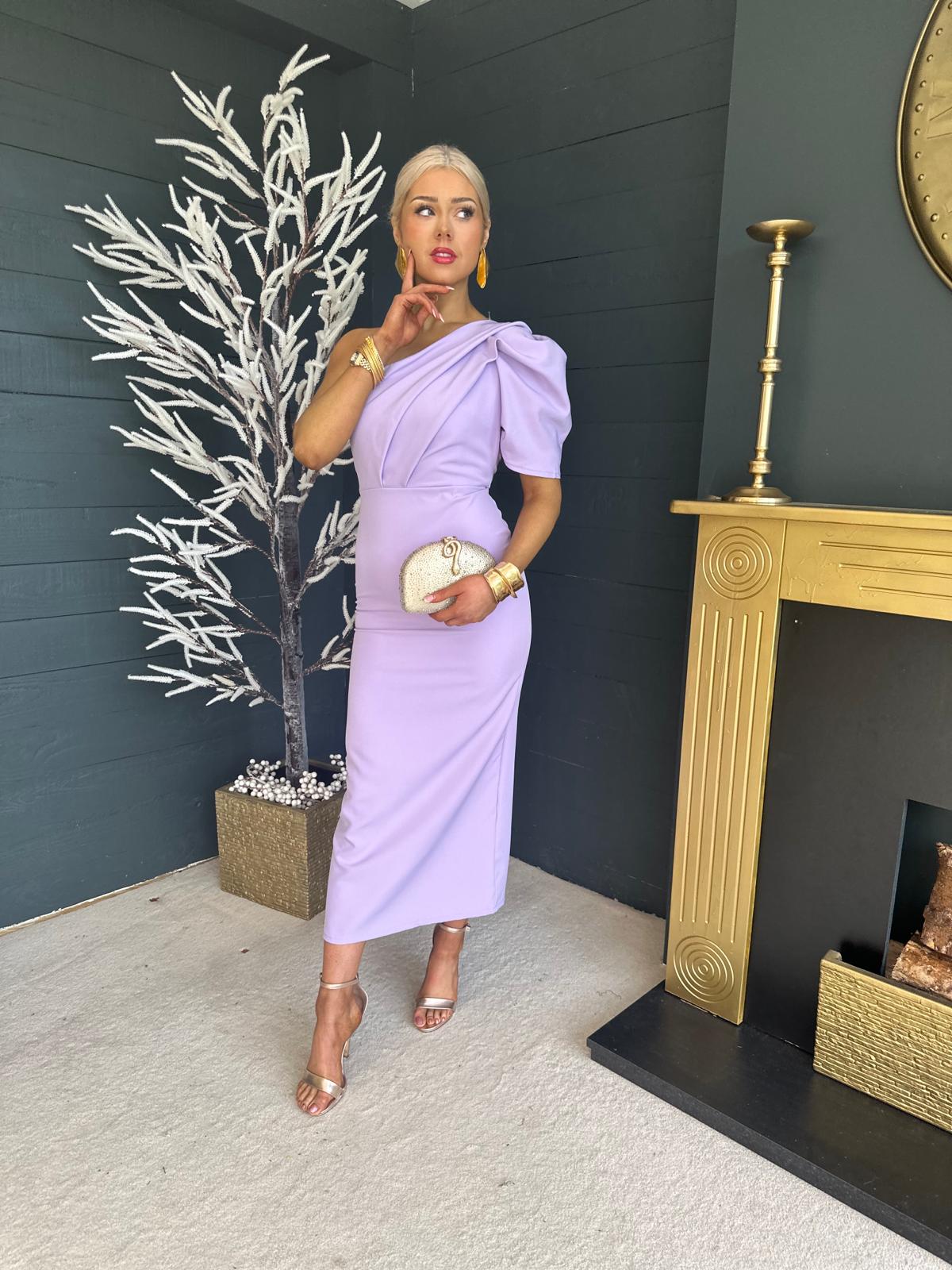 Rachel One Shoulder Occasion Midi Dress Lilac Pre Order 4 May