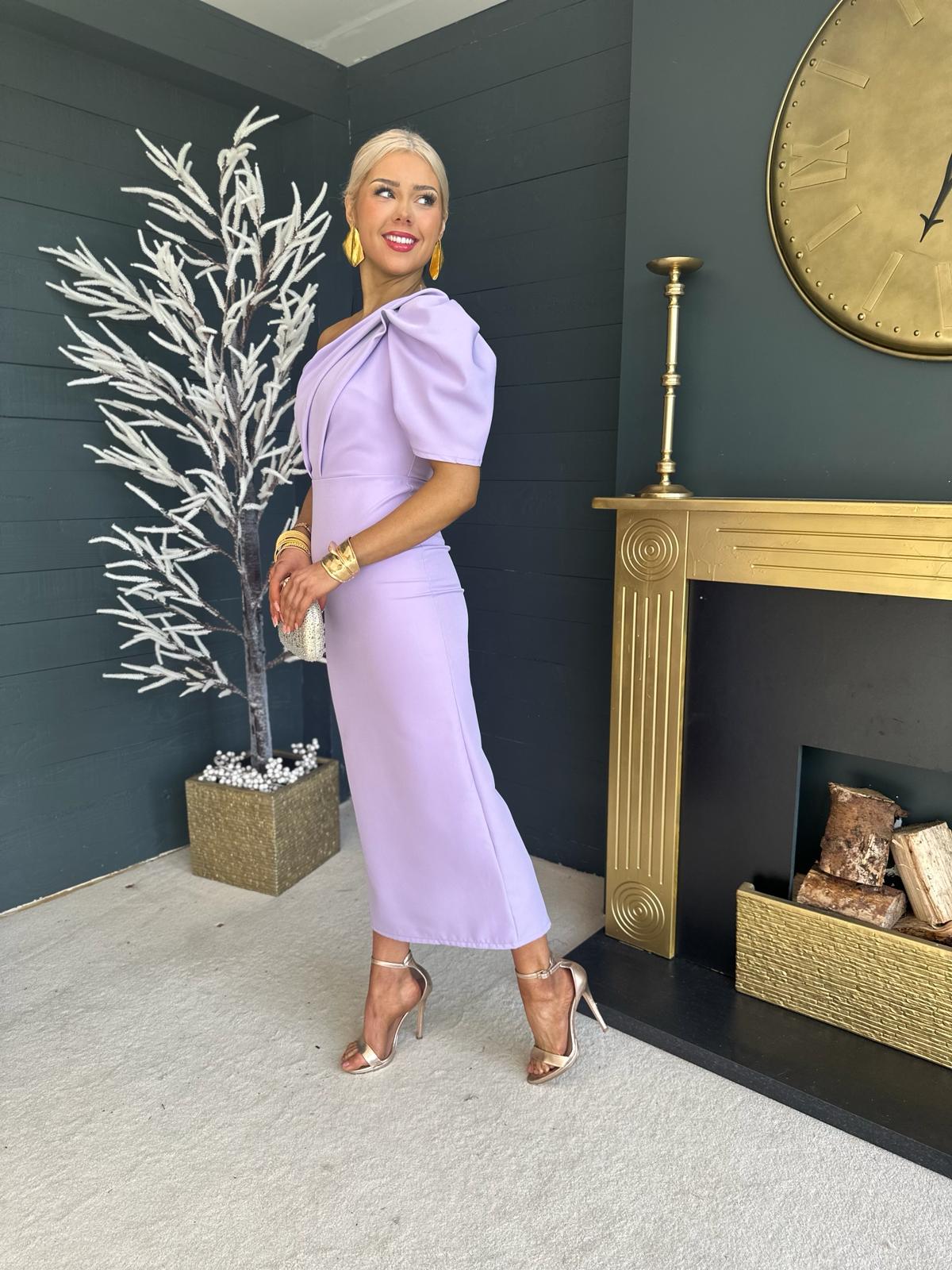 Rachel One Shoulder Occasion Midi Dress Lilac Pre Order 4 May
