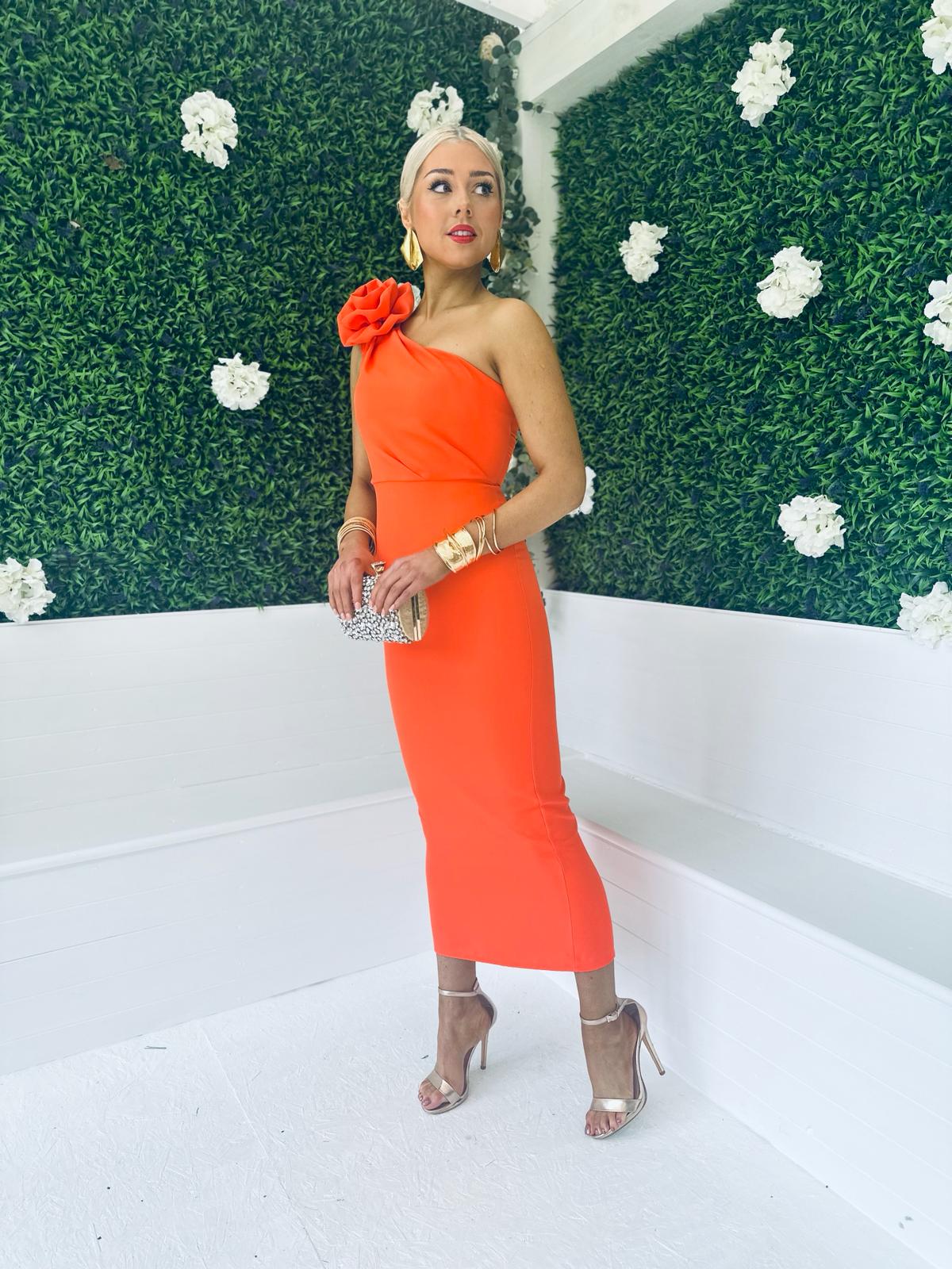 Chelsea Shoulder Occasion Midi Dress Orange