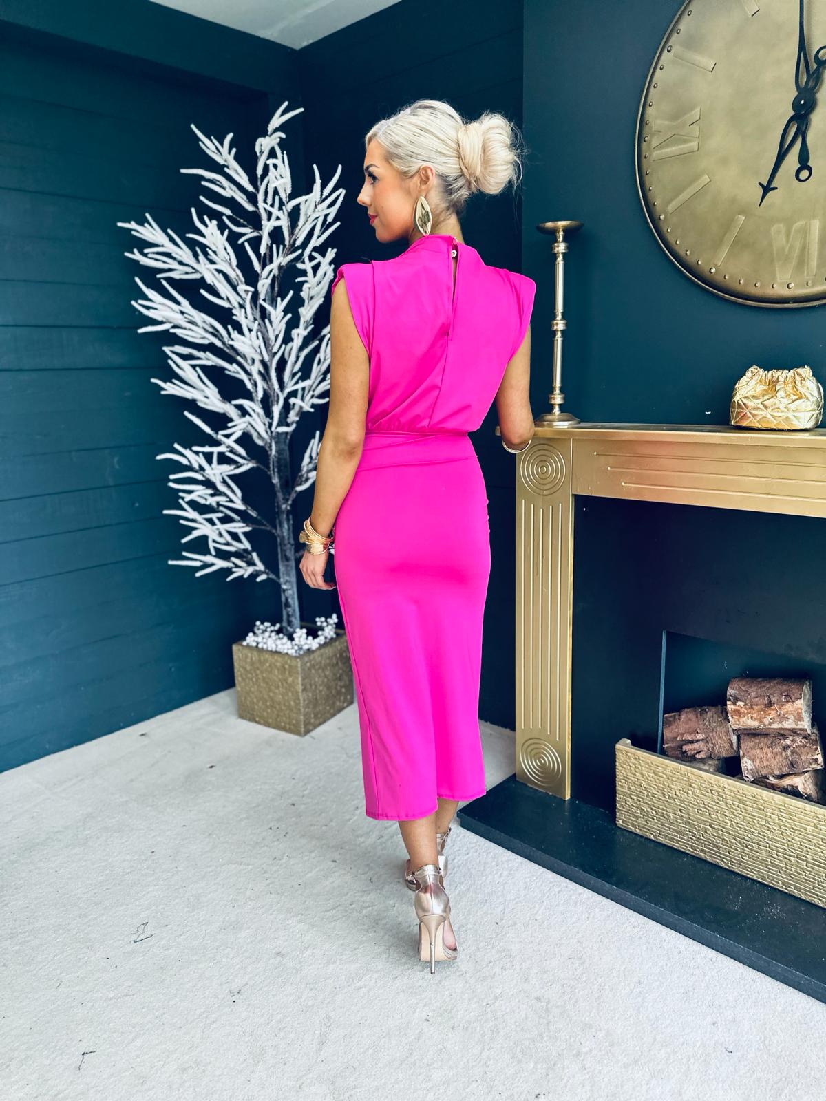 Olivia Ruched Midi Dress Hot Pink
