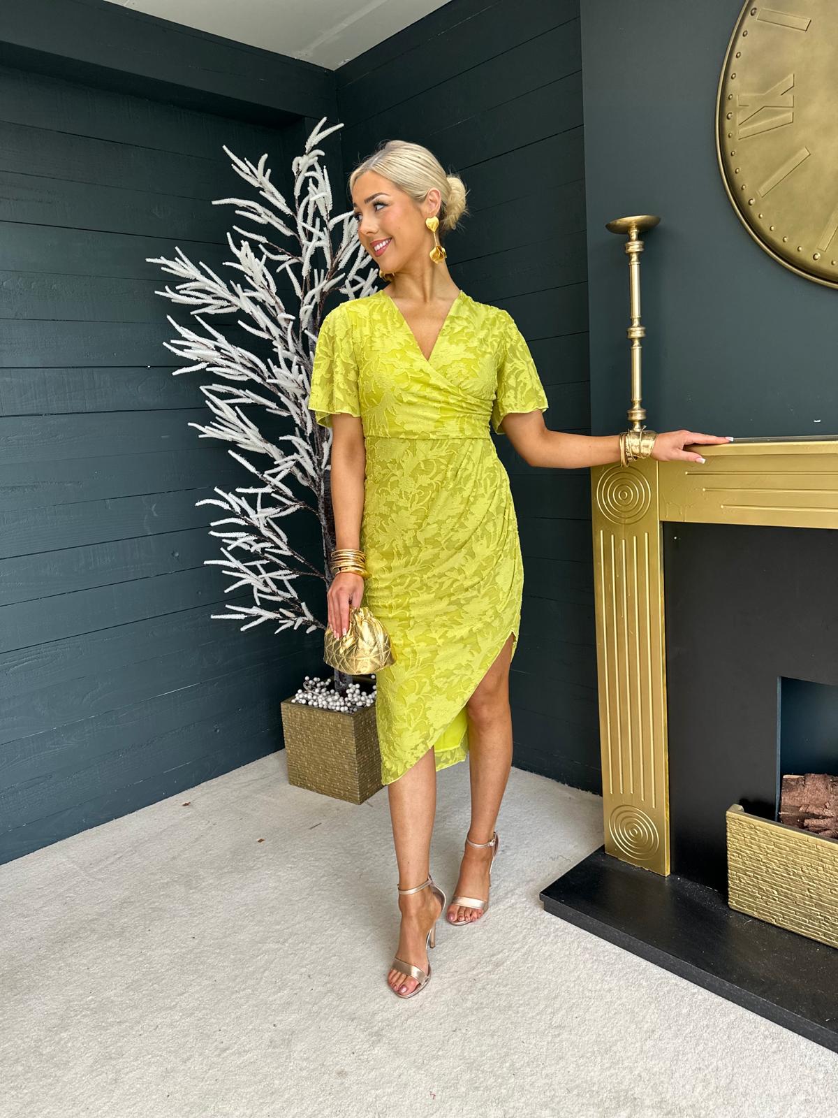 Natasha Angel Sleeve Wrap Midi Dress Lime