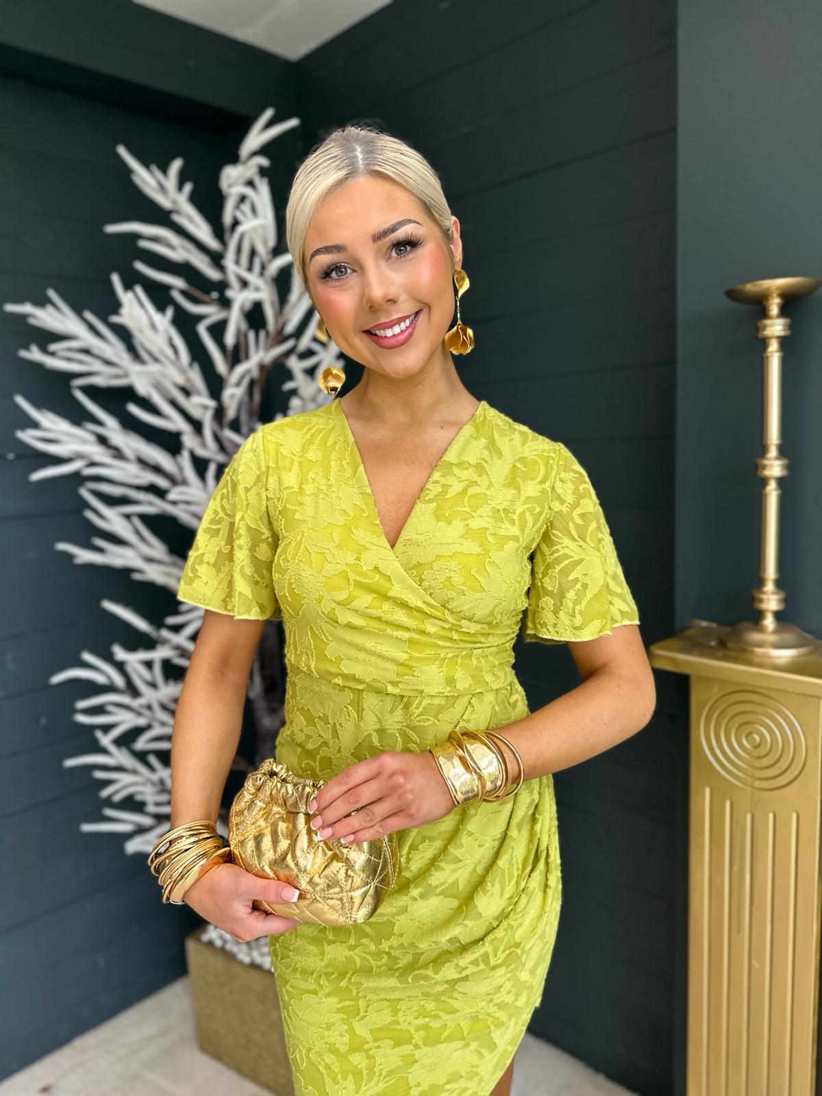 Natasha Angel Sleeve Wrap Midi Dress Lime