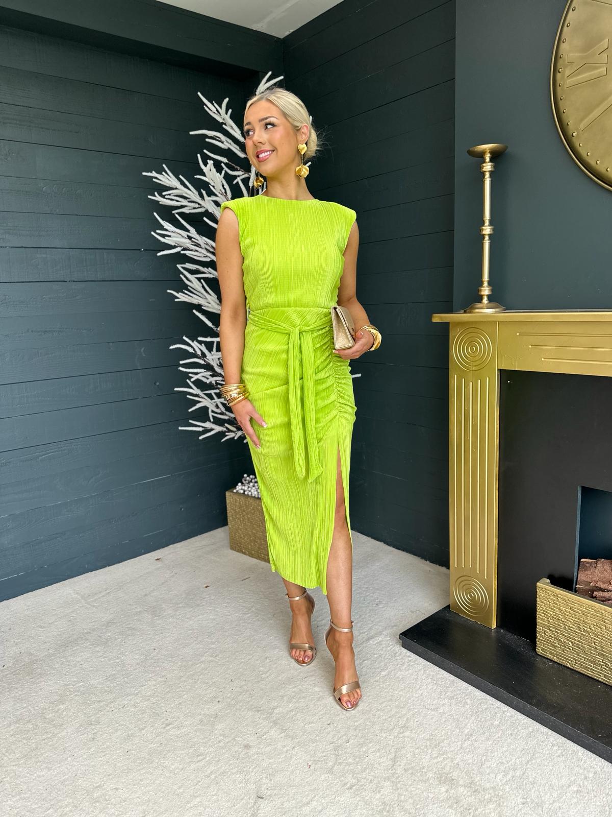 Elena Ruched Seamed Midi Dress Lime