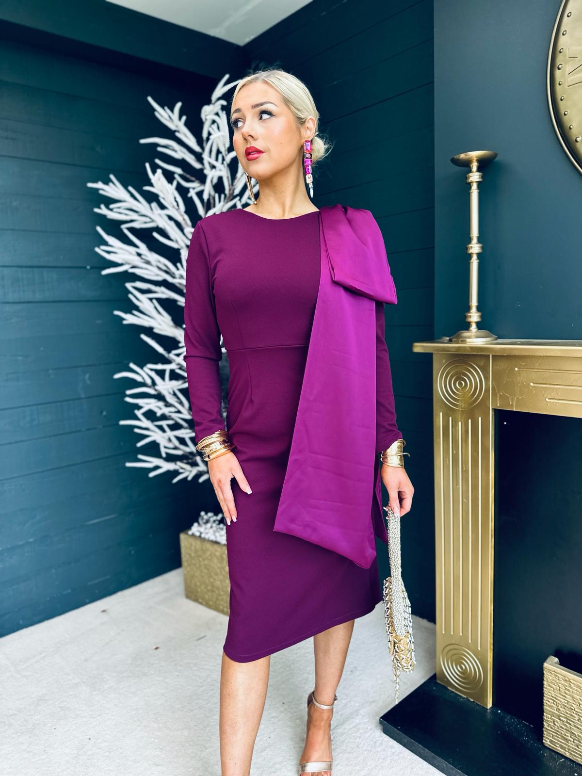 Celeste Bow Detail Occasion Dress Plum