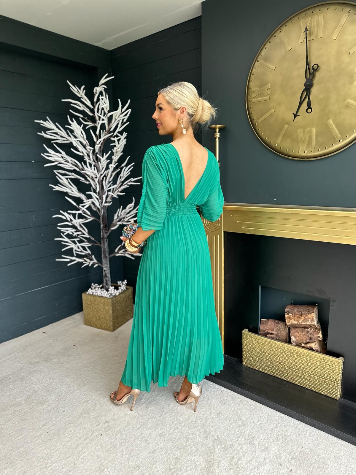 Jennifer Pleated Midi Dress Emerald