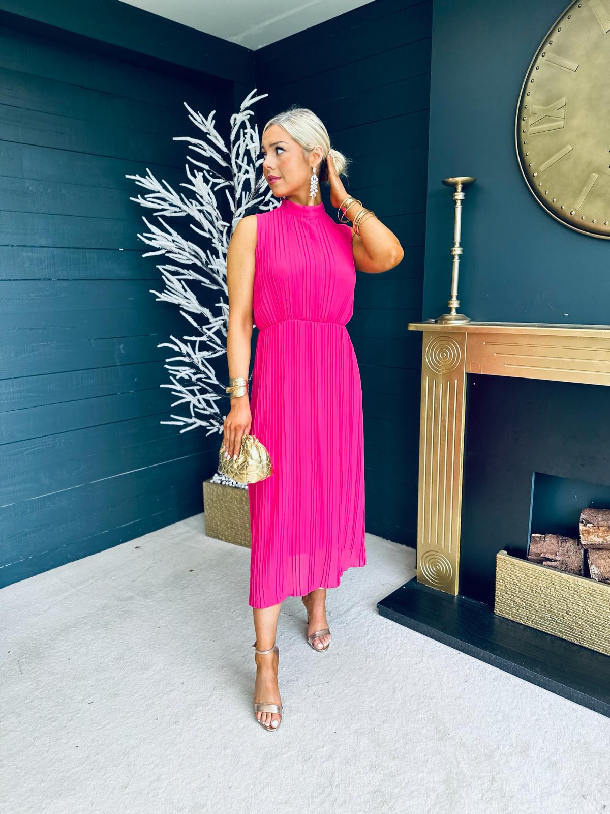 Muireann High Neck Pleated Midi Dress Fuchsia