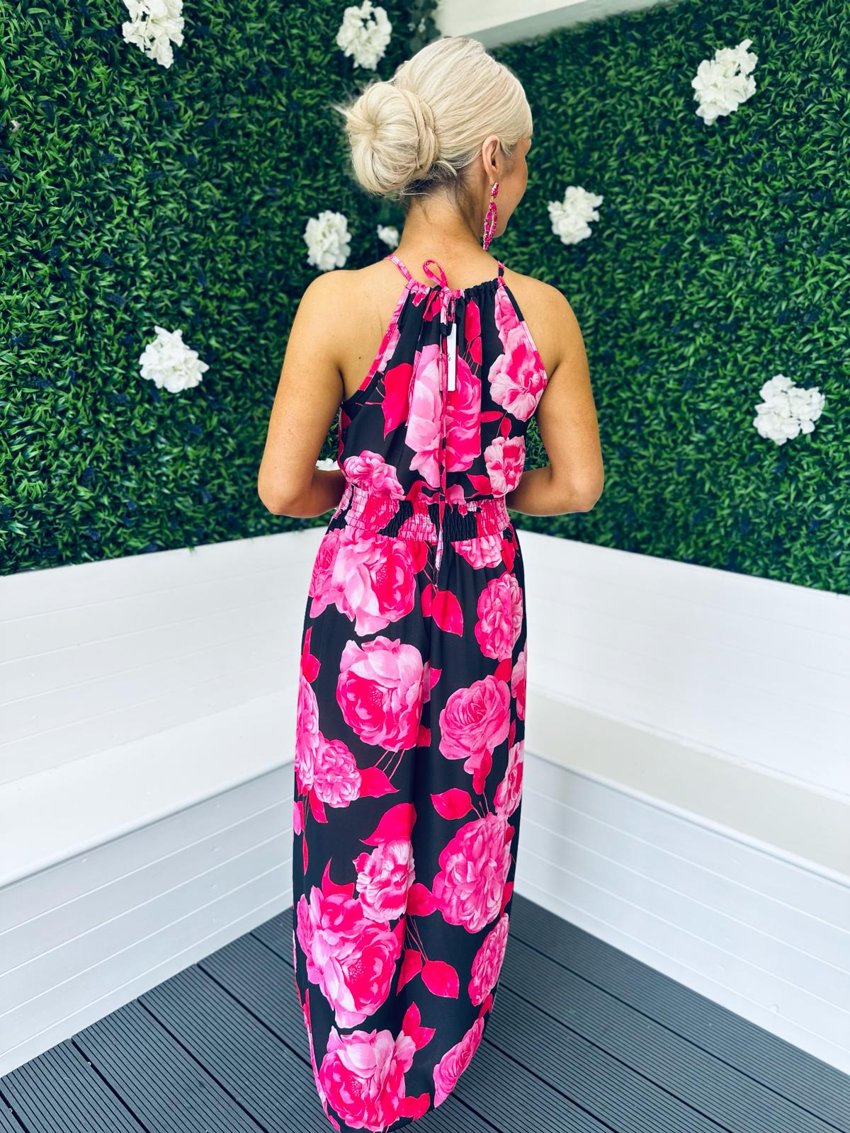 Nicky Rose Print Halterneck Dress Pink