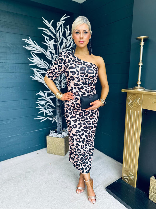 Everley Shoulder Midi Dress Leopard