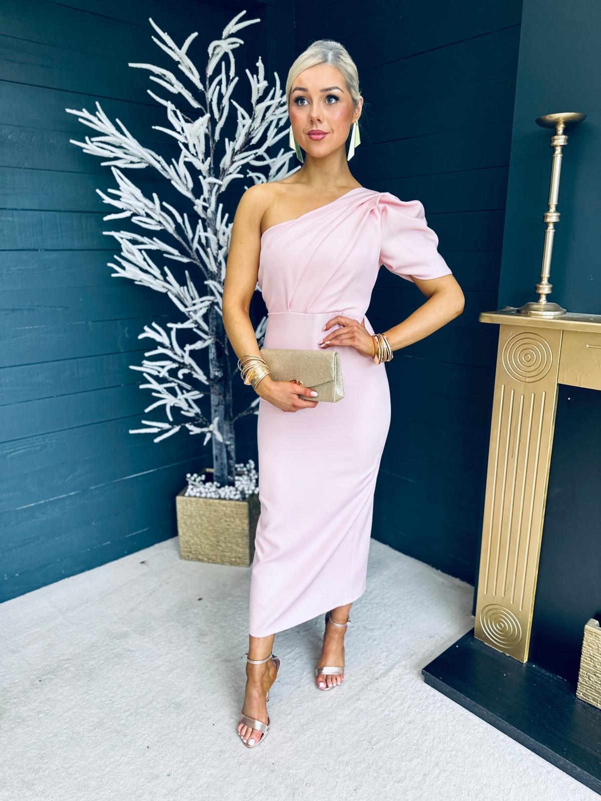 Rachel One Shoulder Occasion Midi Dress Blush