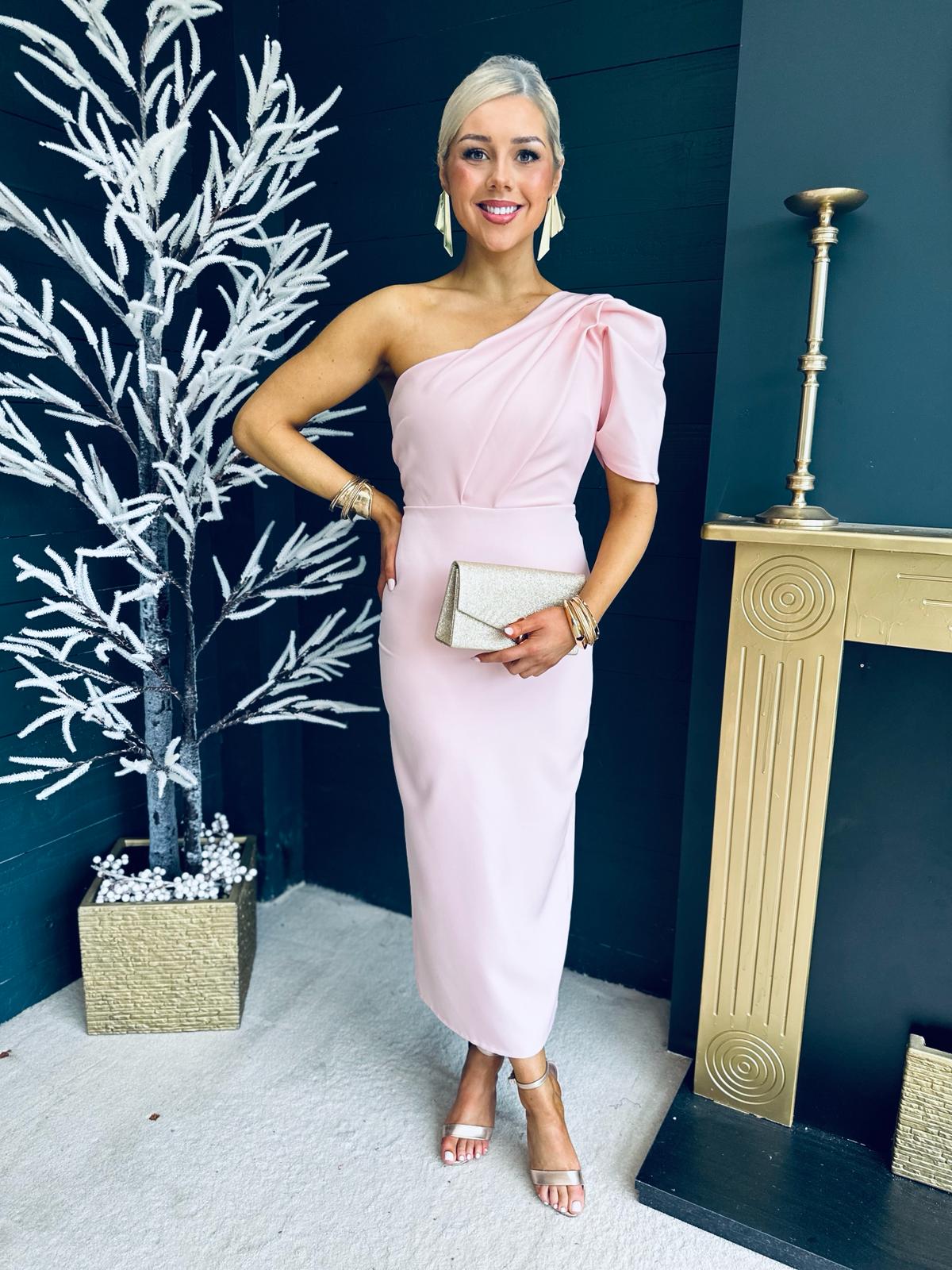 Rachel One Shoulder Occasion Midi Dress Blush