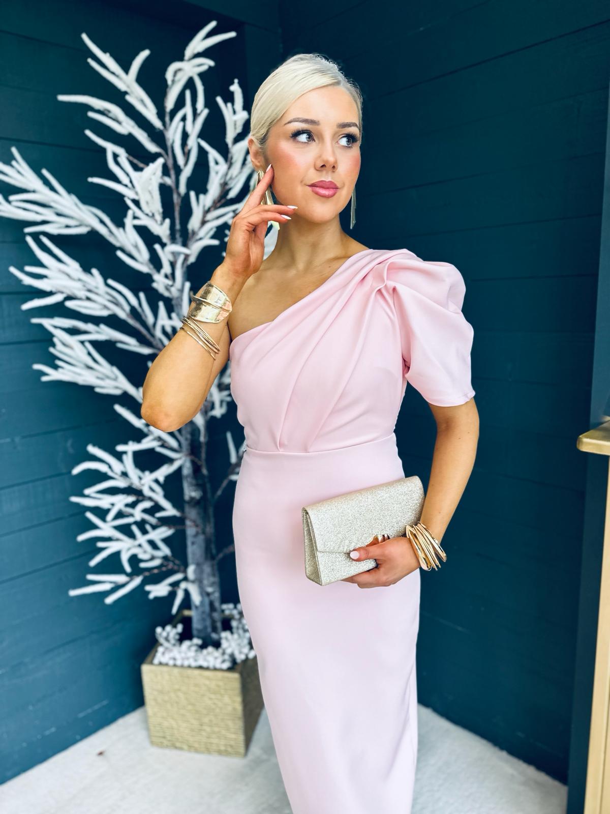 Rachel One Shoulder Occasion Midi Dress Blush