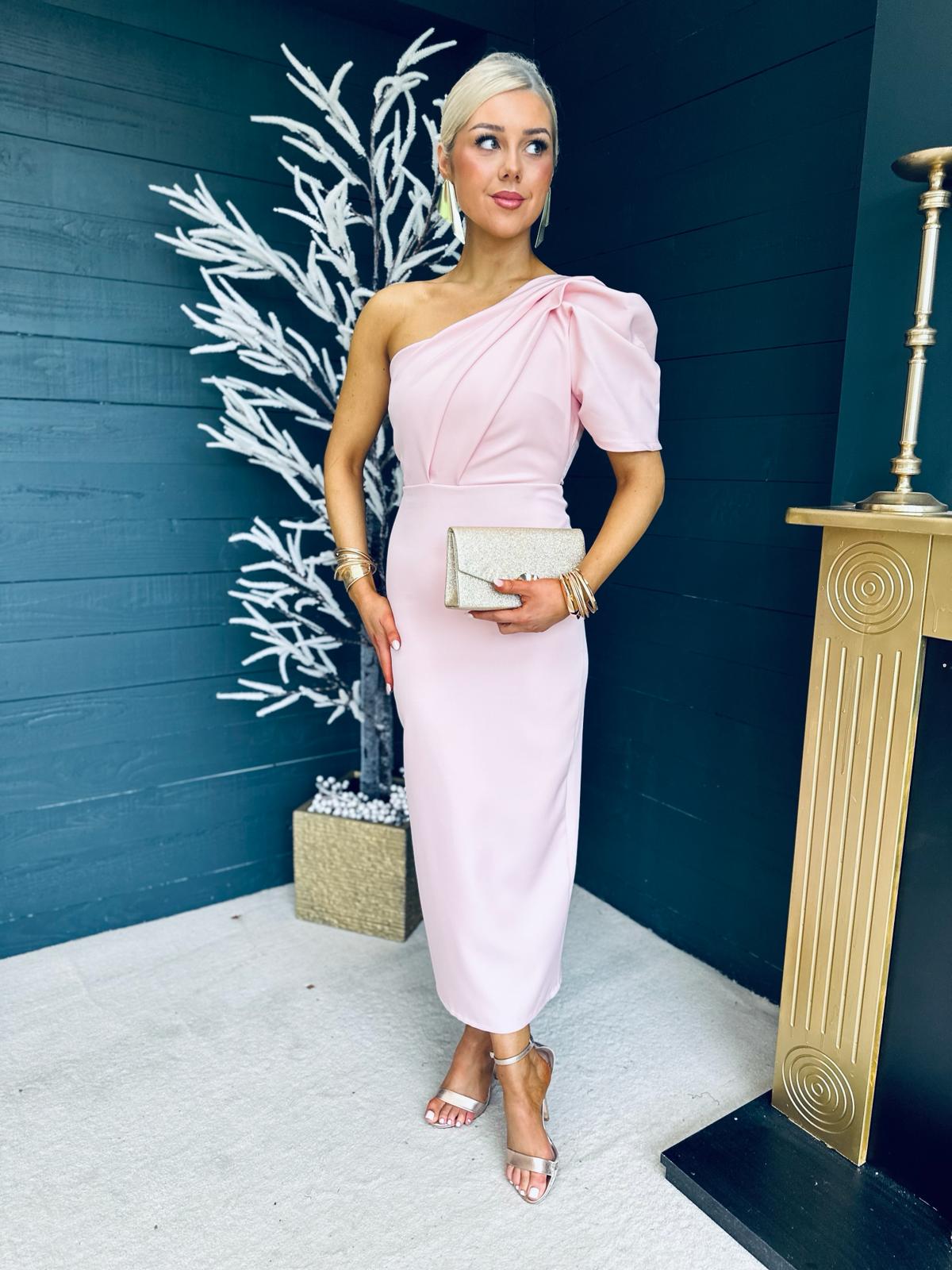 Rachel One Shoulder Occasion Midi Dress Blush