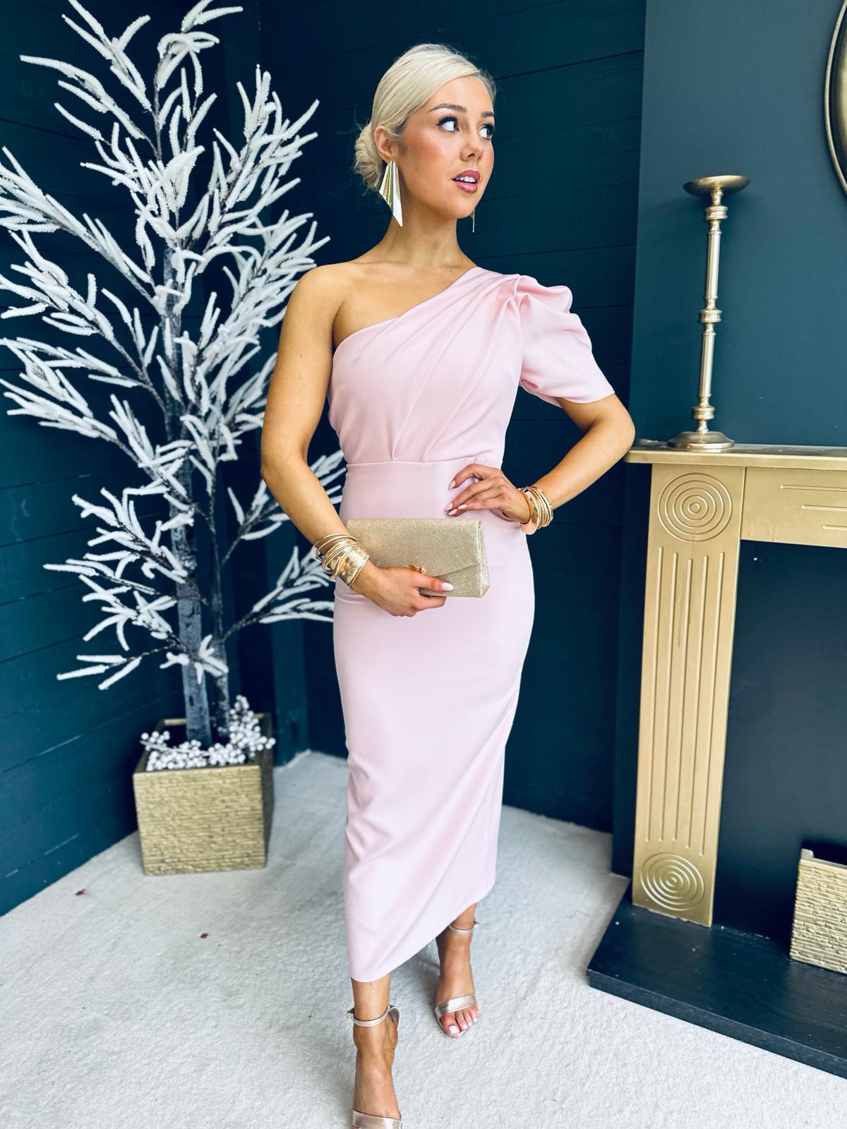 Rachel One Shoulder Occasion Midi Dress Blush