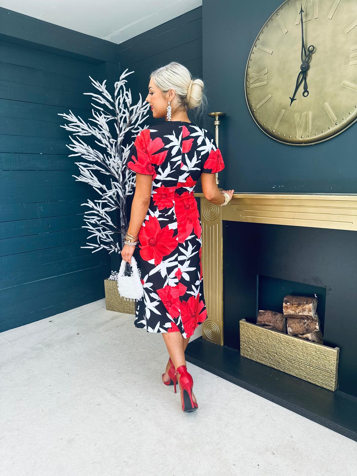 Brittany Angel Sleeve Midi Dress Red Floral