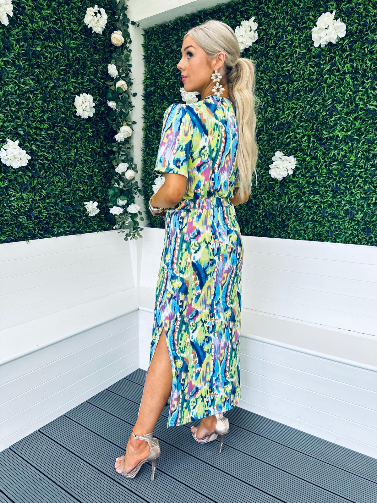 Yvonne Tie Front Midi Dress Lime / Blue Pre Order 1 May