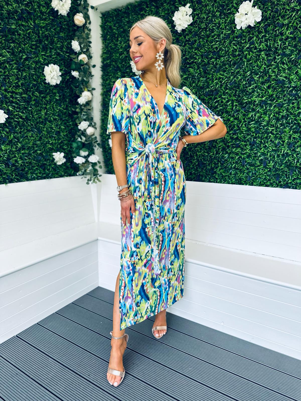 Yvonne Tie Front Midi Dress Lime / Blue Pre Order 1 May