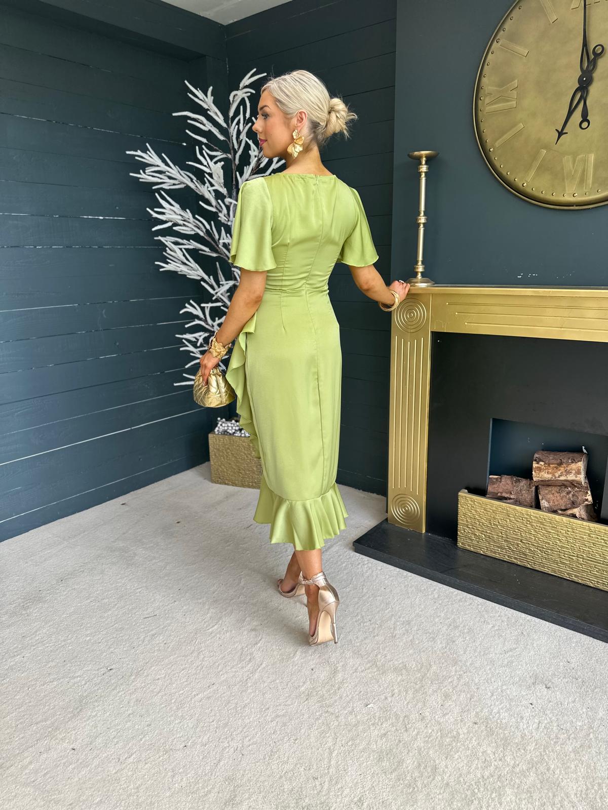 Yara V Neck Frill Hem Midi Dress Lime