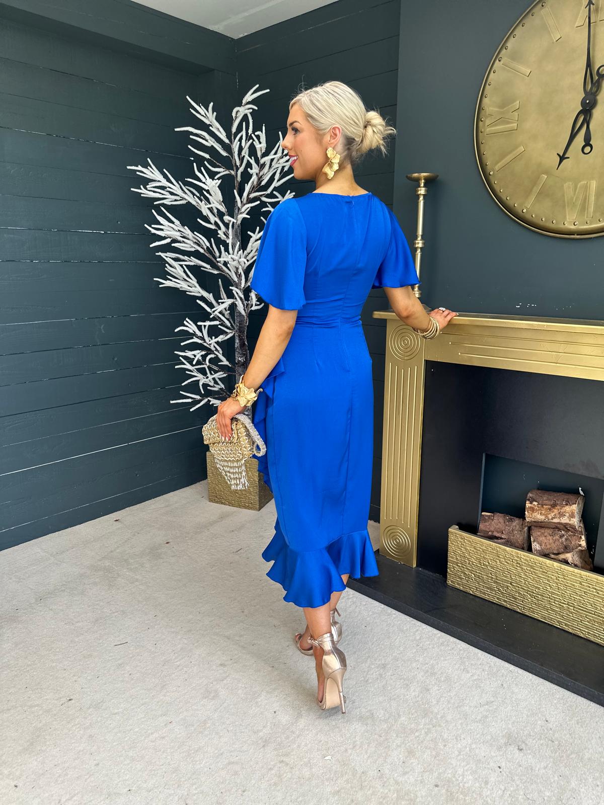 Yara V Neck Frill Hem Midi Dress Cobalt