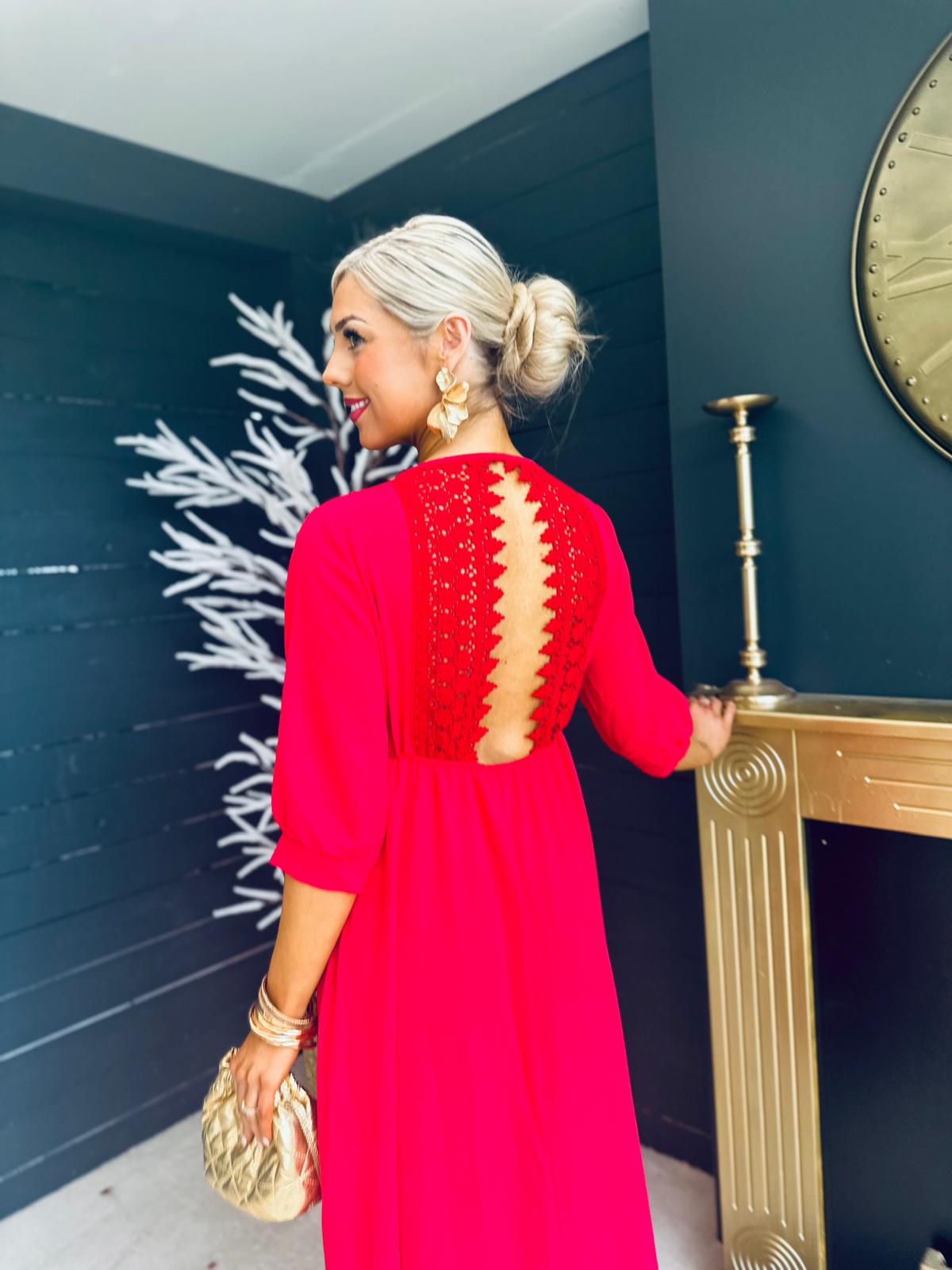 Vanessa Crochet Detail Midi Dress Red